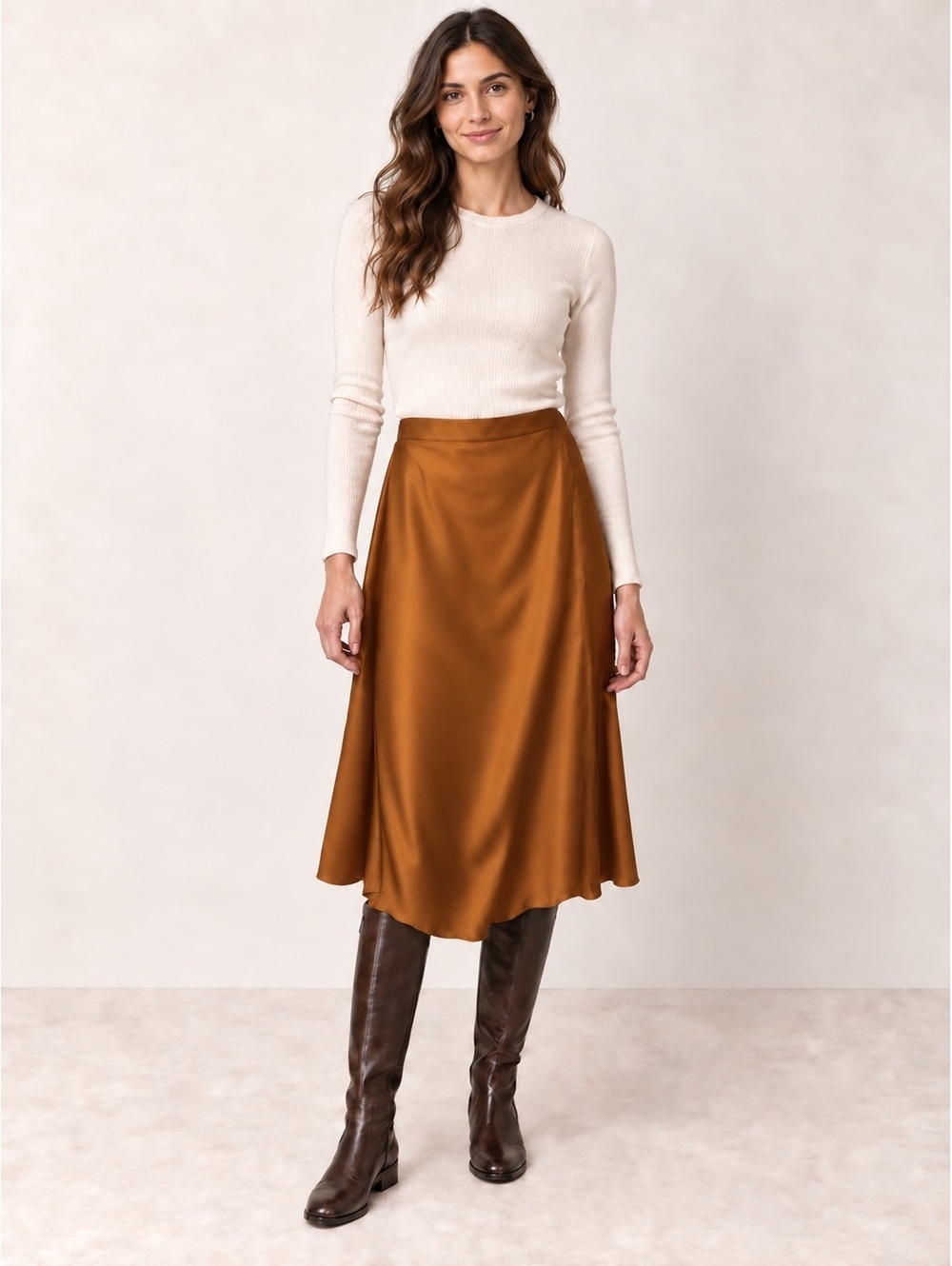 Vince Brown Satin Midi Skirt